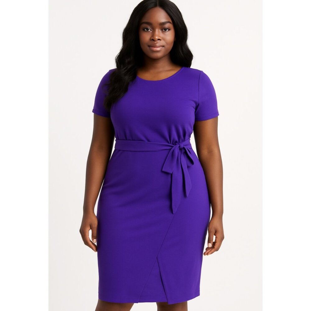 Kensie Dress 4 Purple Blouson Batwing Faux Wrap Split Midi Sash Belt
